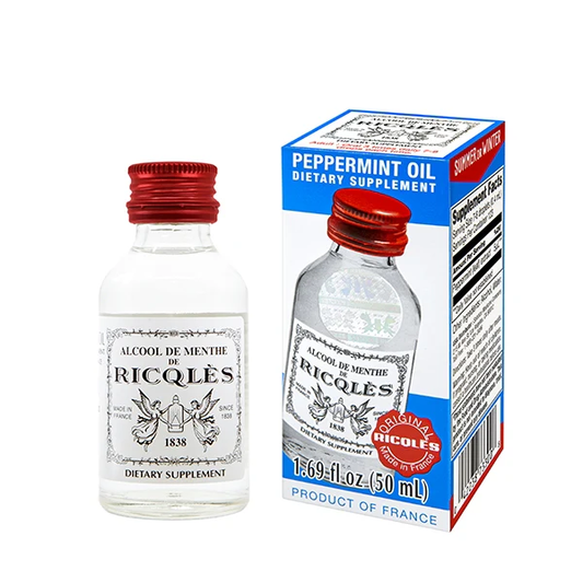 Ricqlès Peppermint Oil – 50mL dietary supplement for digestion, intestinal comfort, and nausea relief, made in France.